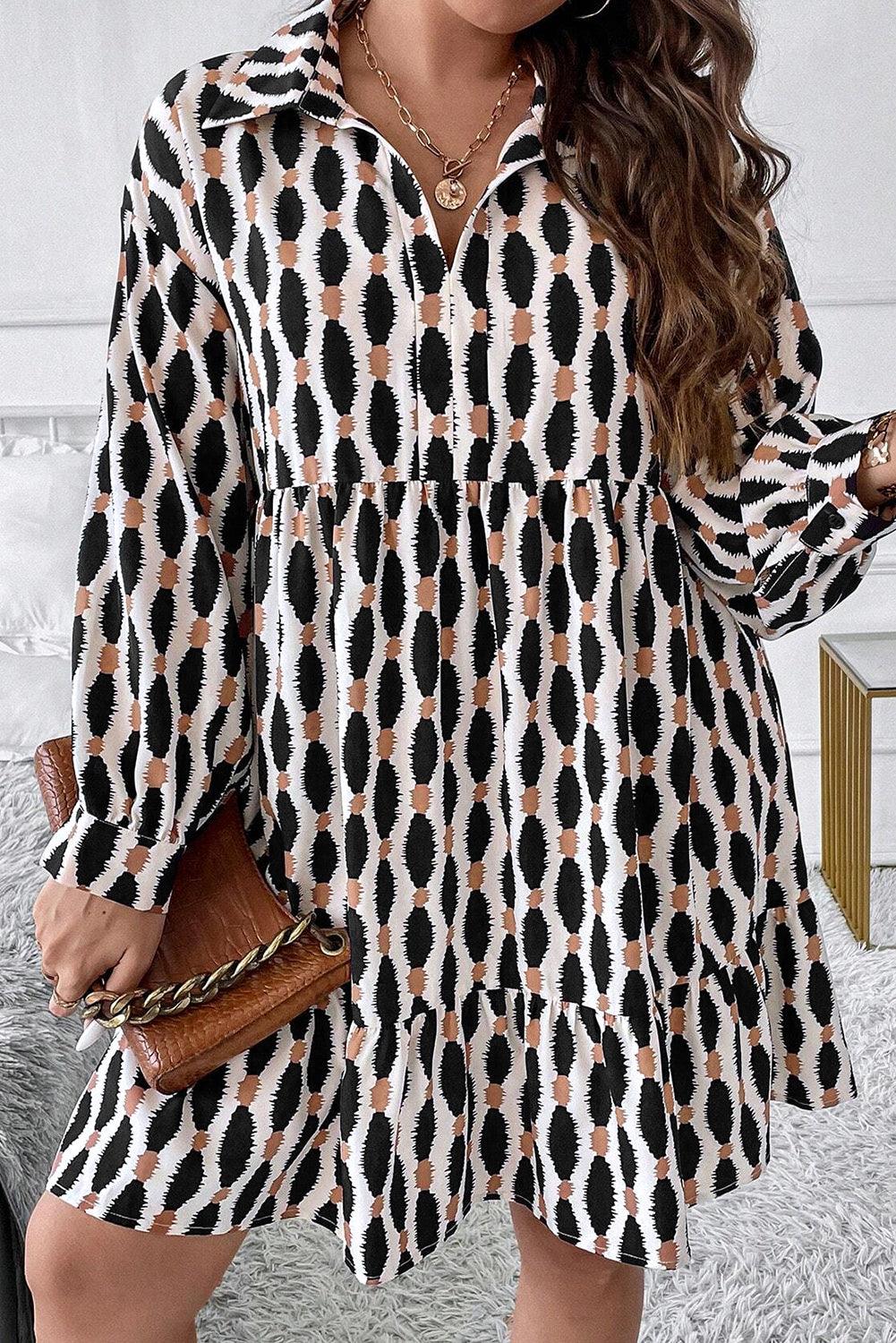 Apricot Geometric Print Collared V Neck Plus Size Mini Dress - Toi ‘n’ Moi Ltd