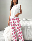 Pink Ruffled Tank Top And Heart Print Pants Lounge Set