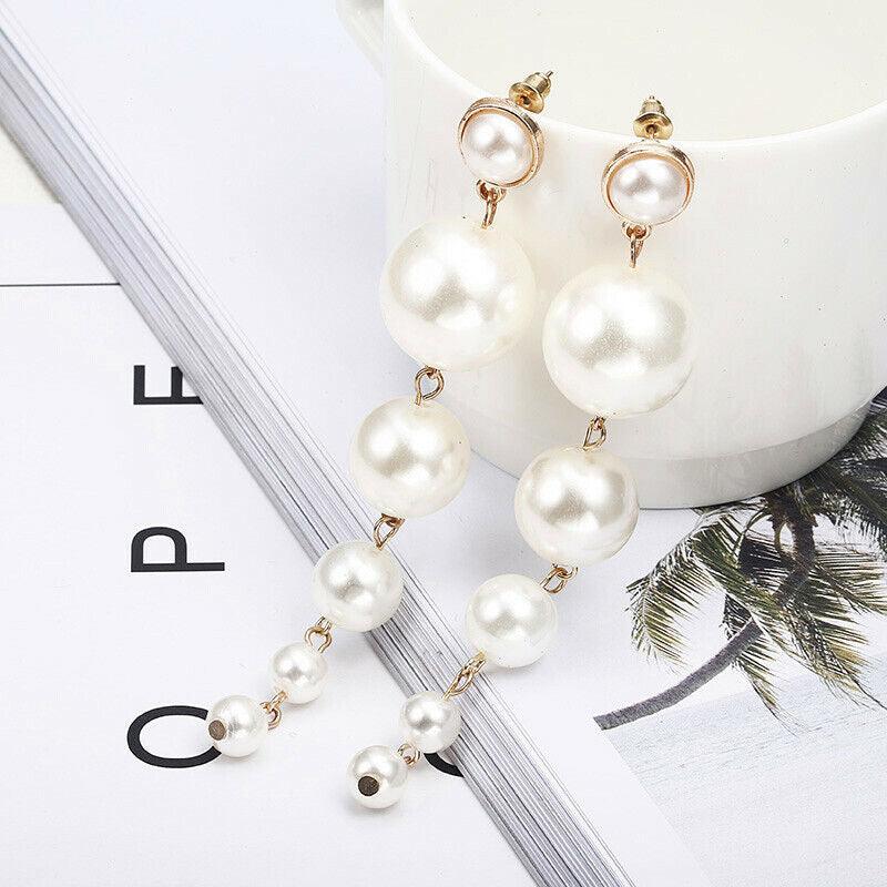Trendy Elegant Big Simulated Pearl Long Wedding Party Statement Drop Earrings - Toi ‘n’ Moi Ltd