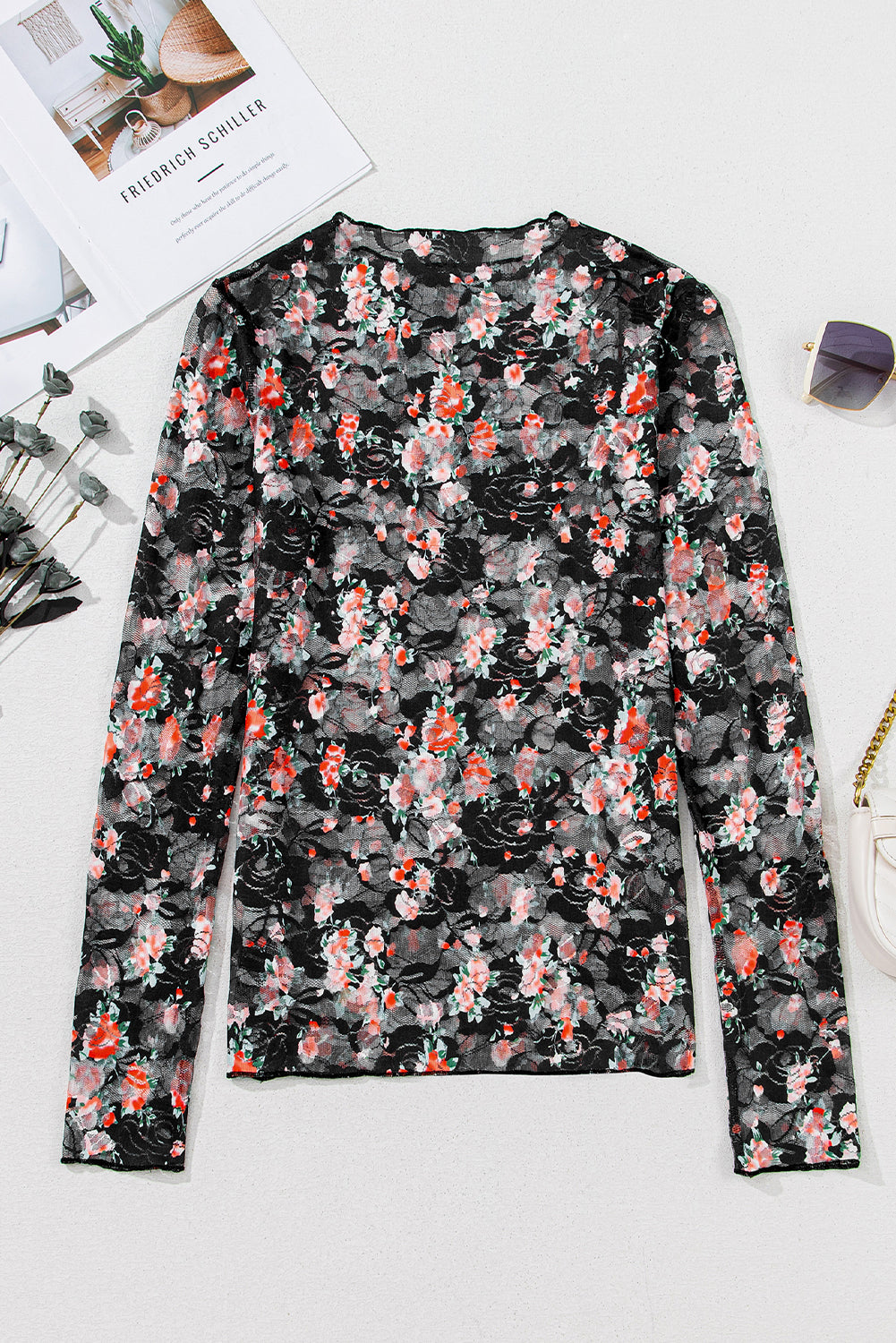 Black Floral Mesh Sheer Long Sleeve Top - Toi ‘n’ Moi Ltd