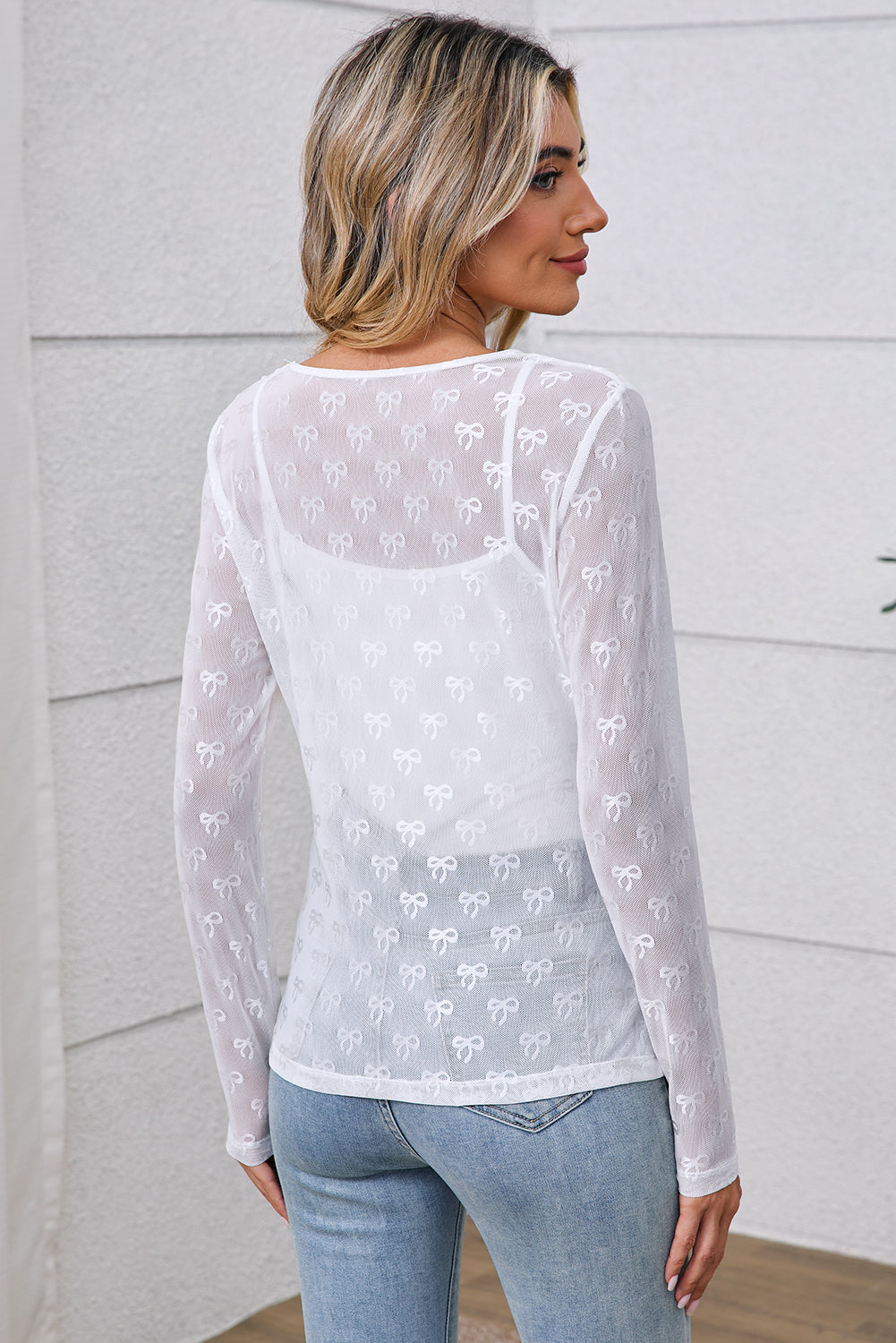 Black Bow Pattern Long Sleeve Slim Fit Mesh Top - Toi ‘n’ Moi Ltd