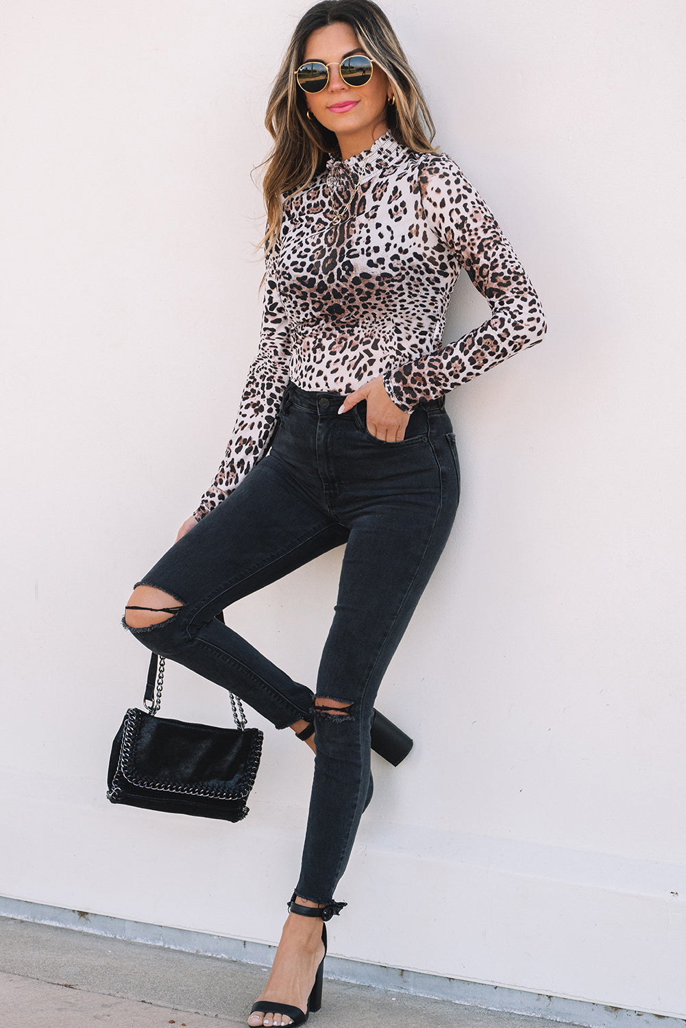 Brown Leopard Smocked Neck Mesh Long Sleeve Bodysuit - Toi ‘n’ Moi Ltd