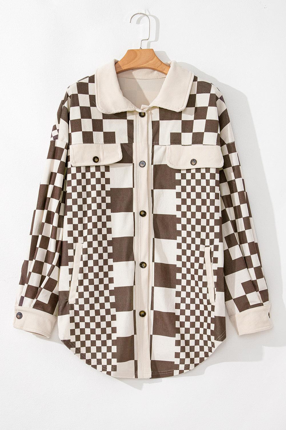 Brown Color Block Checkered Print Corduroy Plus Size Shacket - Toi ‘n’ Moi Ltd