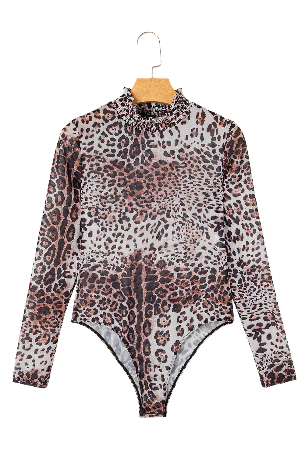 Brown Leopard Smocked Neck Mesh Long Sleeve Bodysuit - Toi ‘n’ Moi Ltd