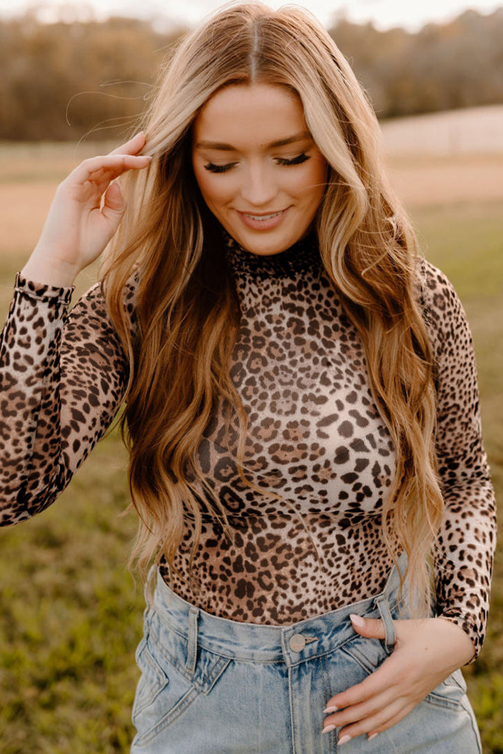 Brown Leopard Smocked Neck Mesh Long Sleeve Bodysuit - Toi ‘n’ Moi Ltd