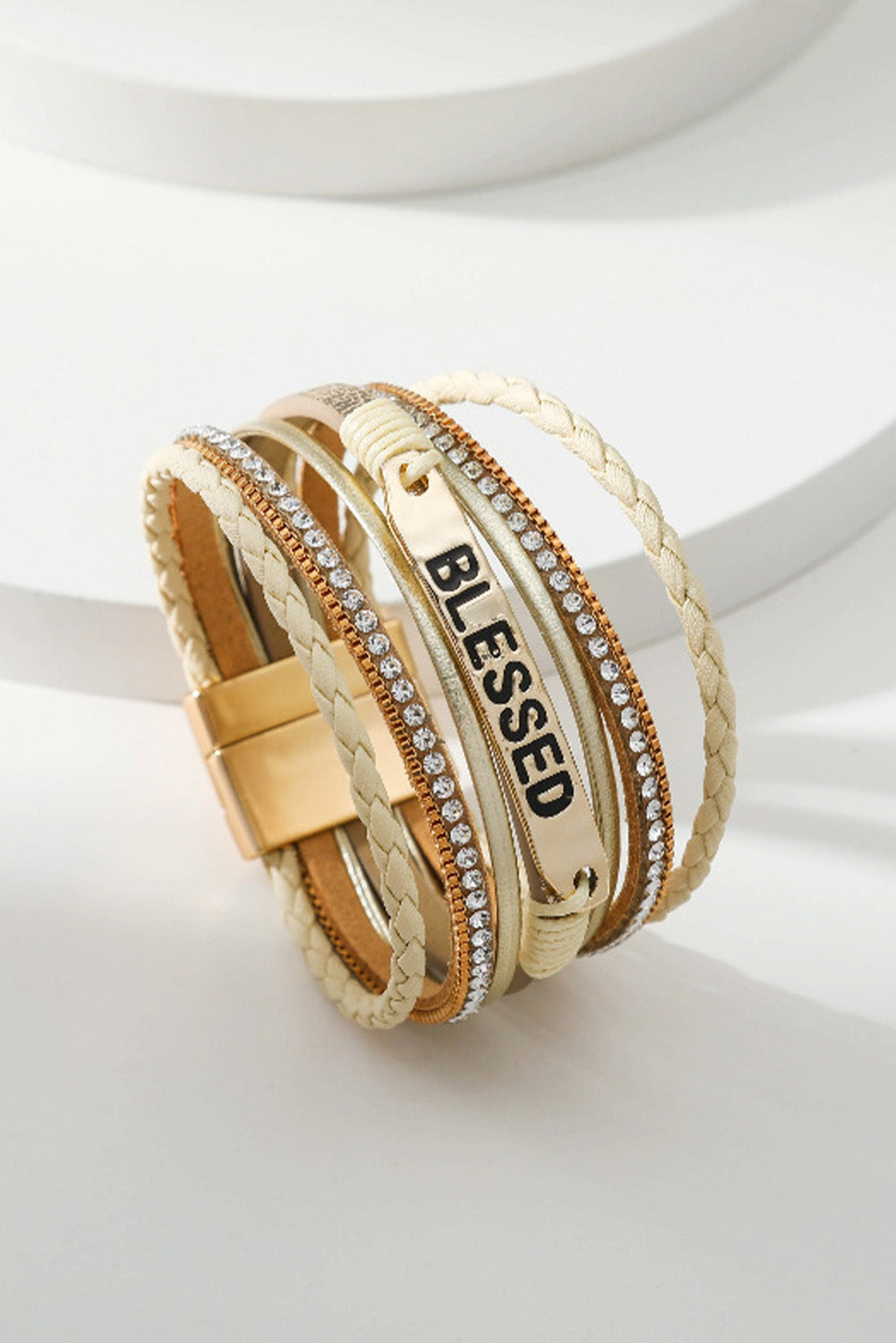 Beige BLESSED Rhinestone Braided Detail Buckle Bracelet - Toi ‘n’ Moi Ltd