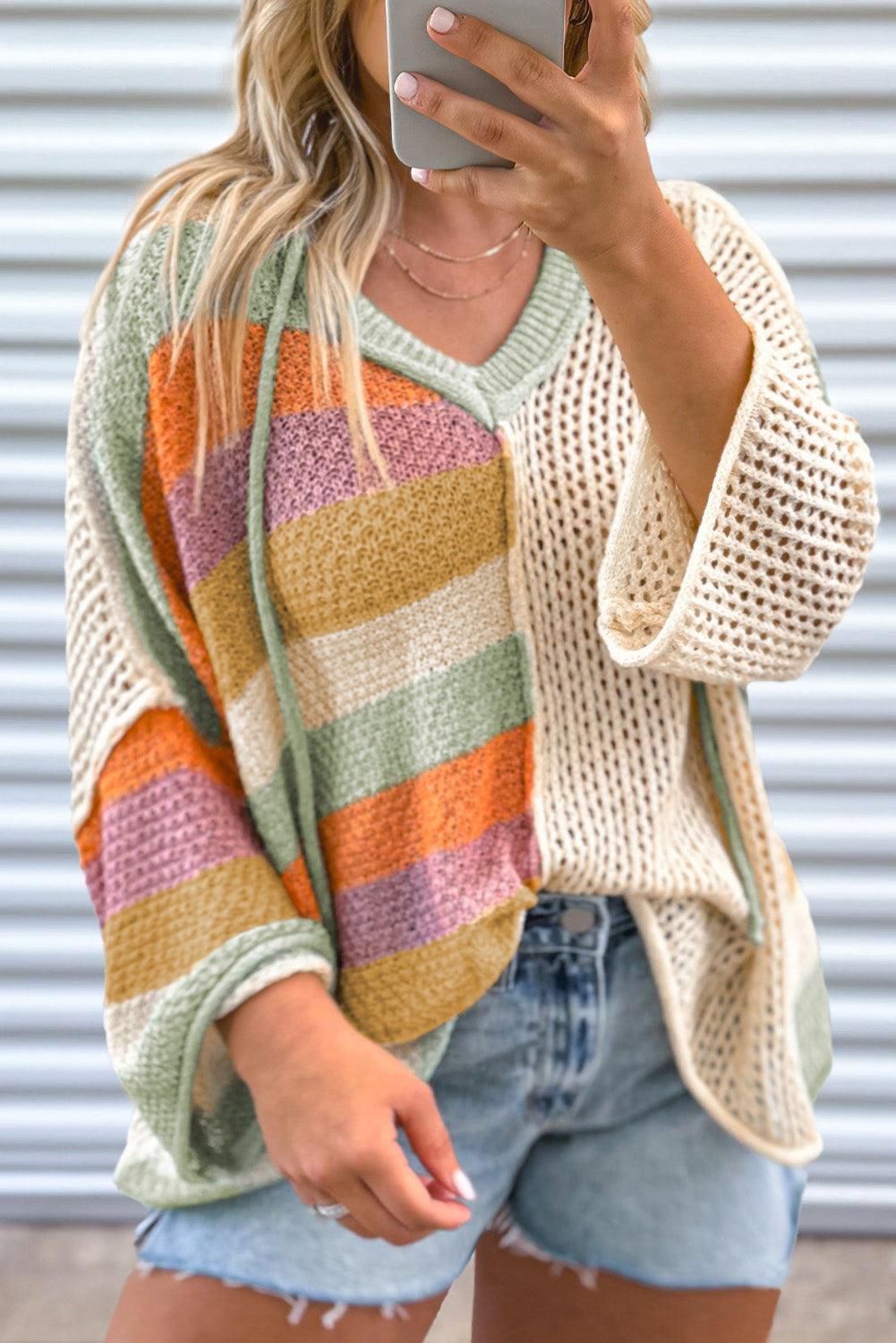 Beige Pointelle Knit Colorblock Patchwork V Neck Hooded Plus Sweater - Toi ‘n’ Moi Ltd