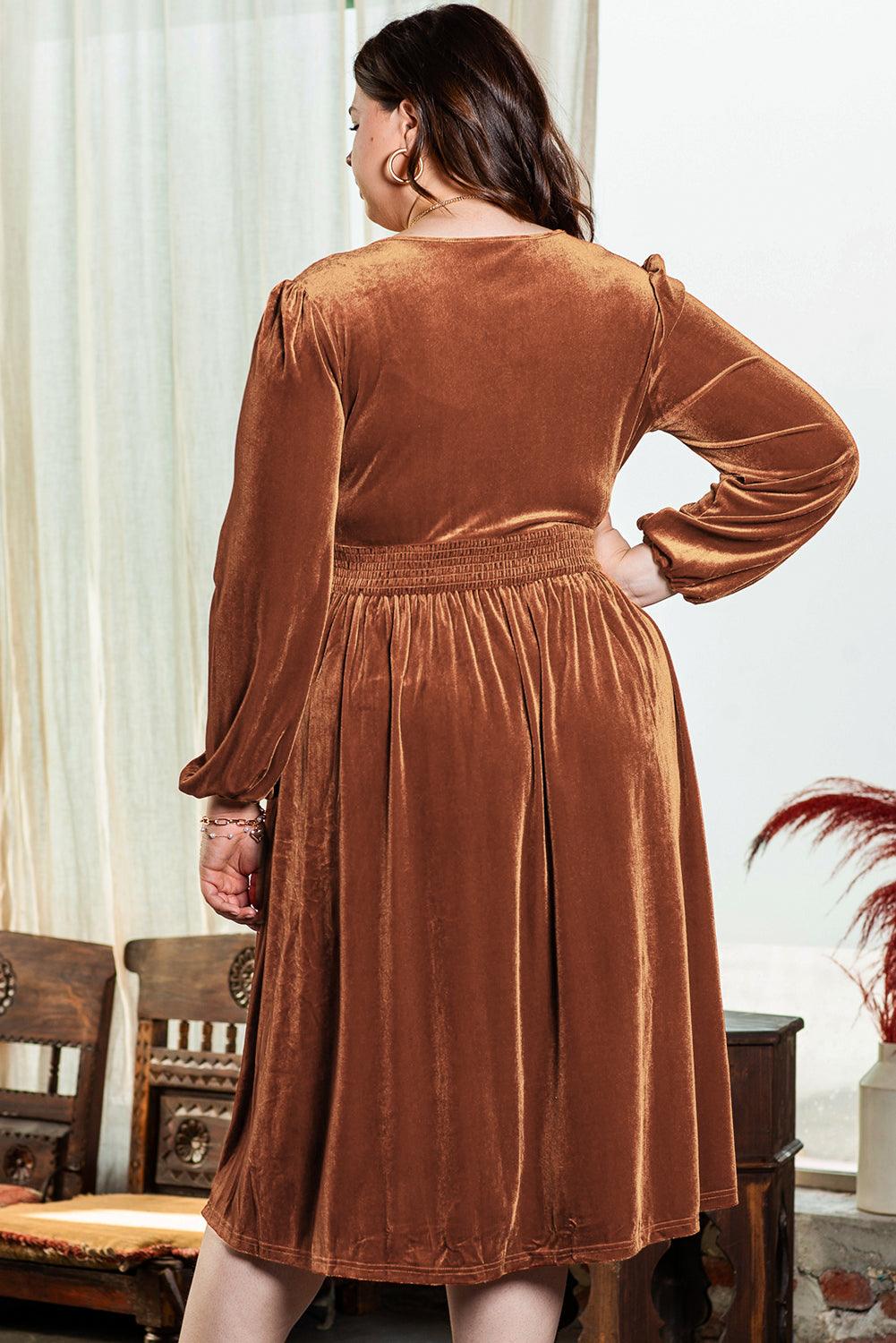 Camel Surplice V Neck Balloon Sleeve Velvet Dress - Toi ‘n’ Moi Ltd
