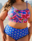 Blue Fashion Print Tied Straps Crop Vest and High Waist Plus Size Bikini - Toi ‘n’ Moi Ltd