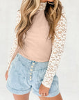 Smoke Gray Floral Lace Patchwork Long Sleeve High Neck Slim Top