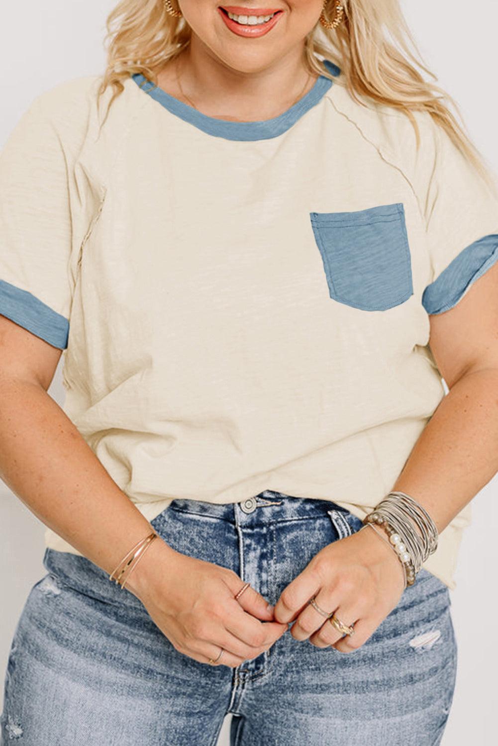 Beige Raw Seam Contrast Color Patchwork Plus Size Top - Toi ‘n’ Moi Ltd