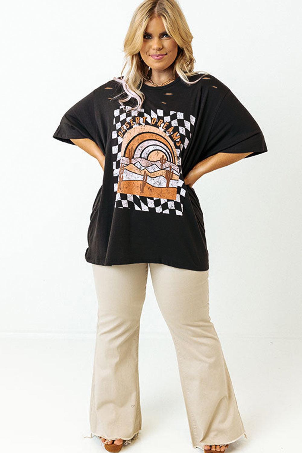 Black Checkerd DESERT DREAMS Printed Ripped Plus Size Tee - Toi ‘n’ Moi Ltd