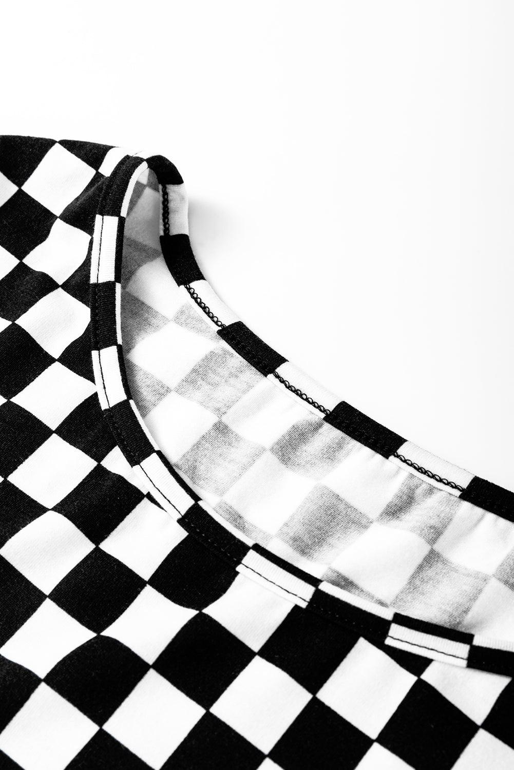 Black Checkered Print Side Slits O Neck Plus Size T Shirt - Toi ‘n’ Moi Ltd