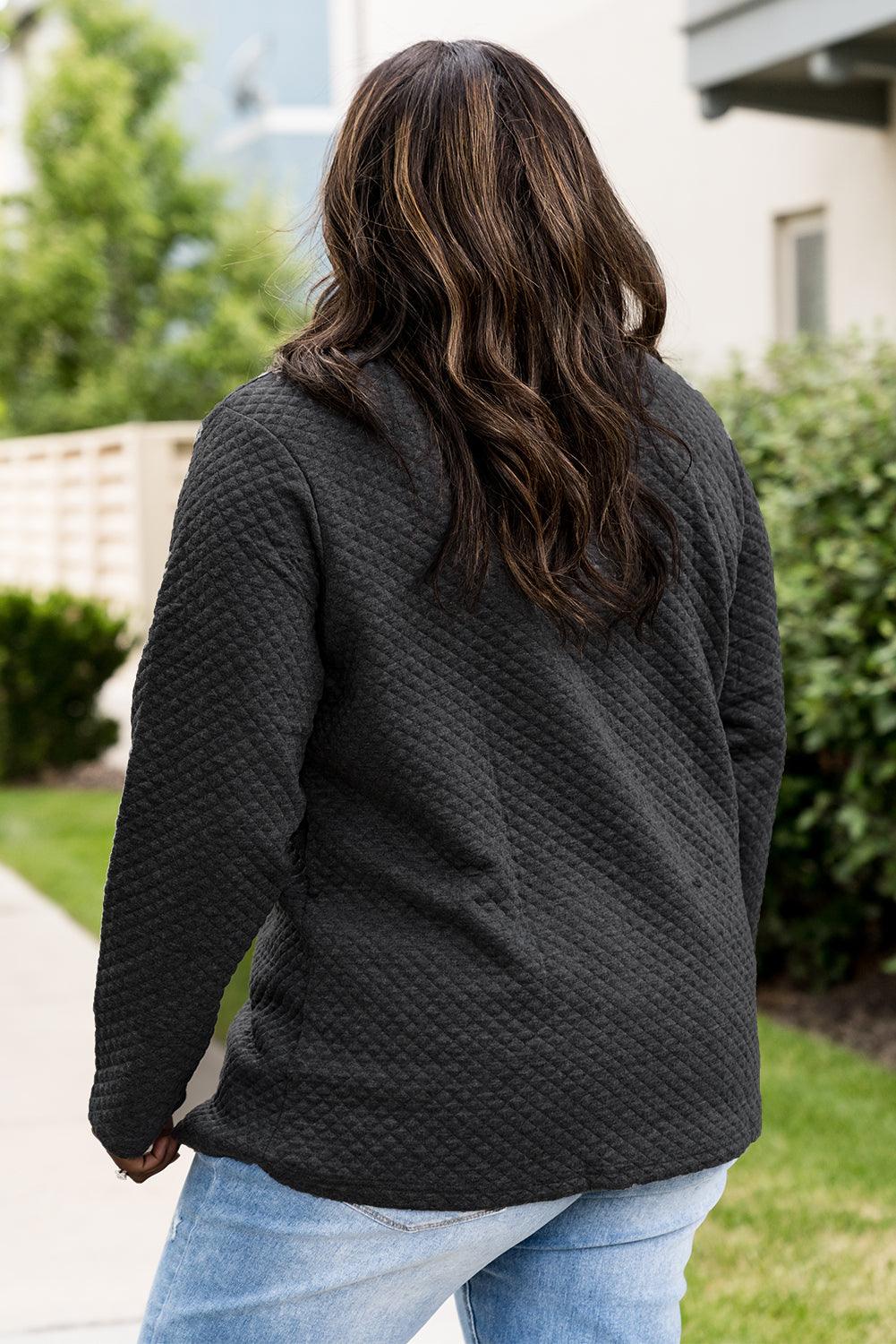 Black Plus Size Quilted Button Up Henley Sweatshirt - Toi ‘n’ Moi Ltd
