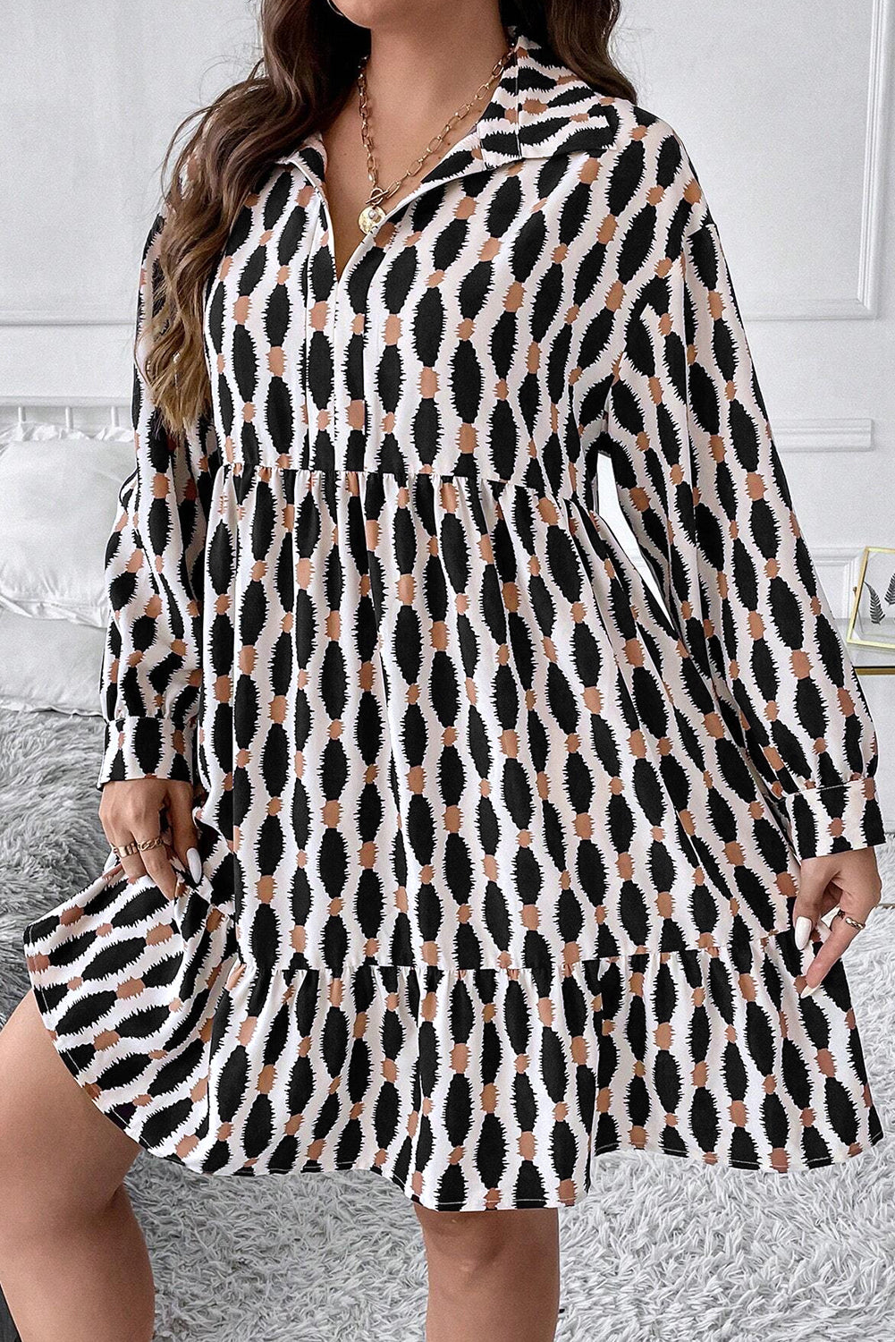 Apricot Abstract Print Collared V Neck Plus Size Mini Dress - Toi ‘n’ Moi Ltd