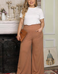 Brown Ribbed Patch Pocket Frill Waist Wide Leg Plus Pants - Toi ‘n’ Moi Ltd