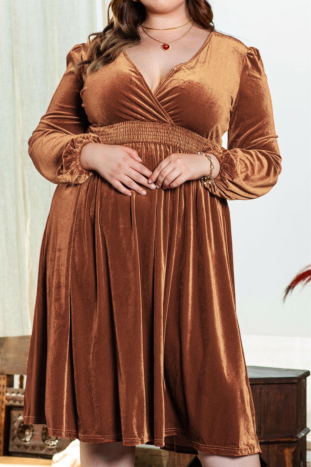 Camel Surplice V Neck Balloon Sleeve Velvet Dress - Toi ‘n’ Moi Ltd