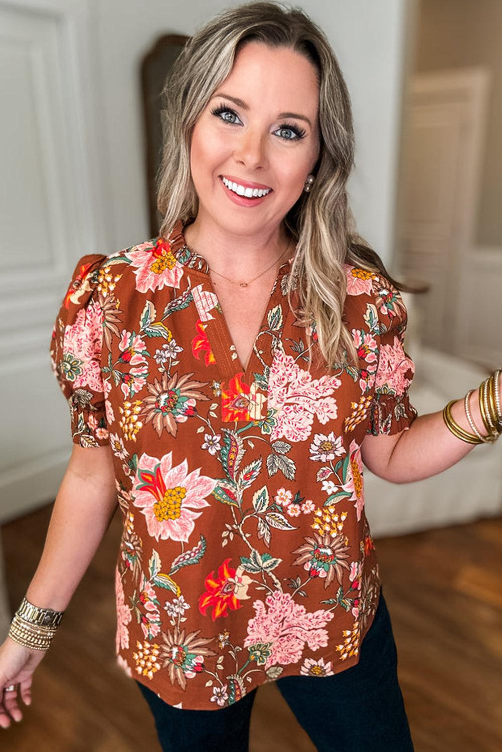 Brown Floral Stitched V Neck Frilled Trim Puff Short Sleeve Blouse - Toi ‘n’ Moi Ltd