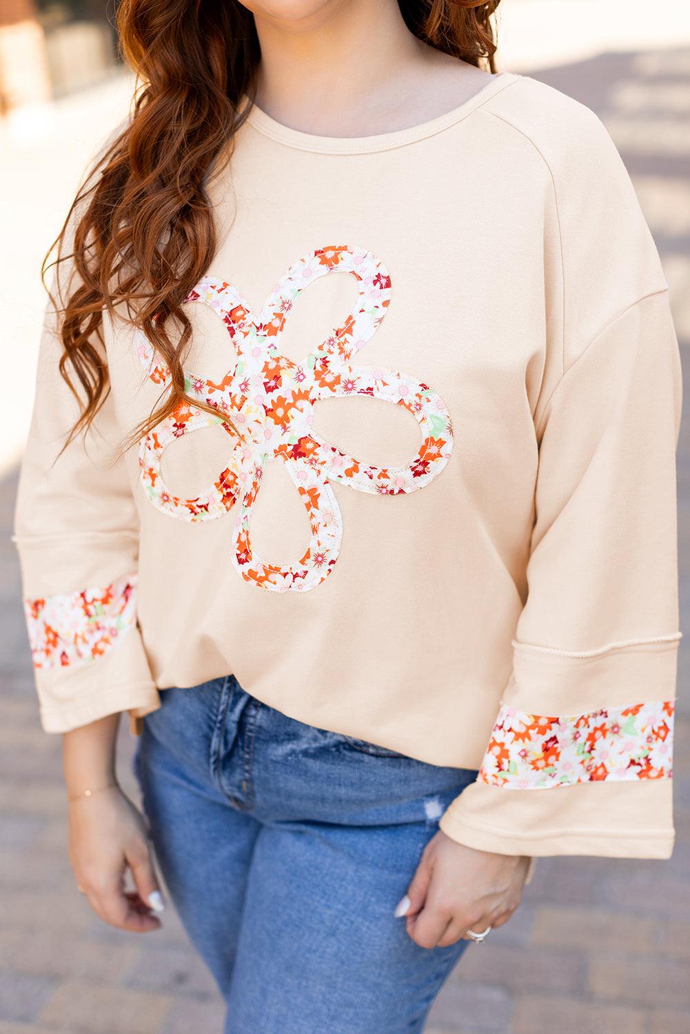 Beige Plus Size Flower Patched Side Slits Crewneck Top - Toi ‘n’ Moi Ltd