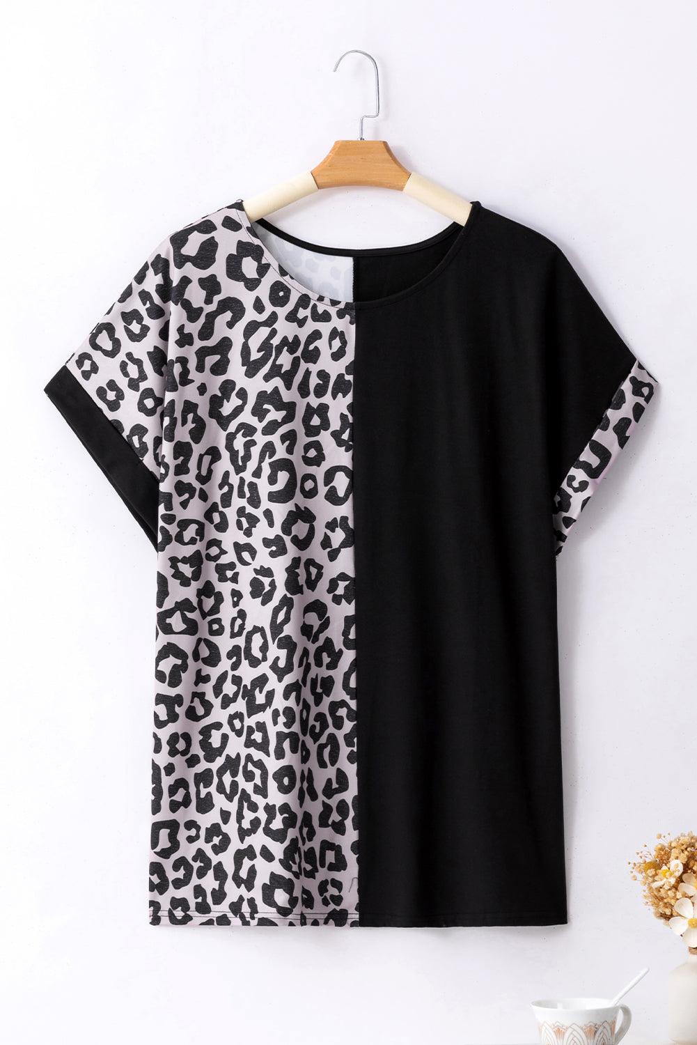 Black Half Leopard Patchwork Plus Size T-shirt - Toi ‘n’ Moi Ltd