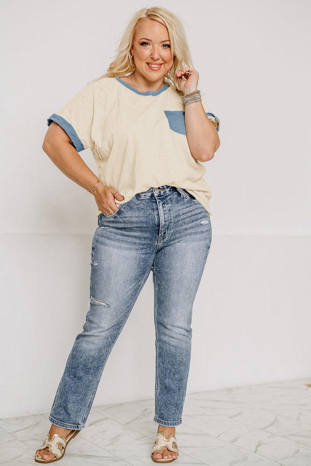 Beige Raw Seam Contrast Color Patchwork Plus Size Top - Toi ‘n’ Moi Ltd