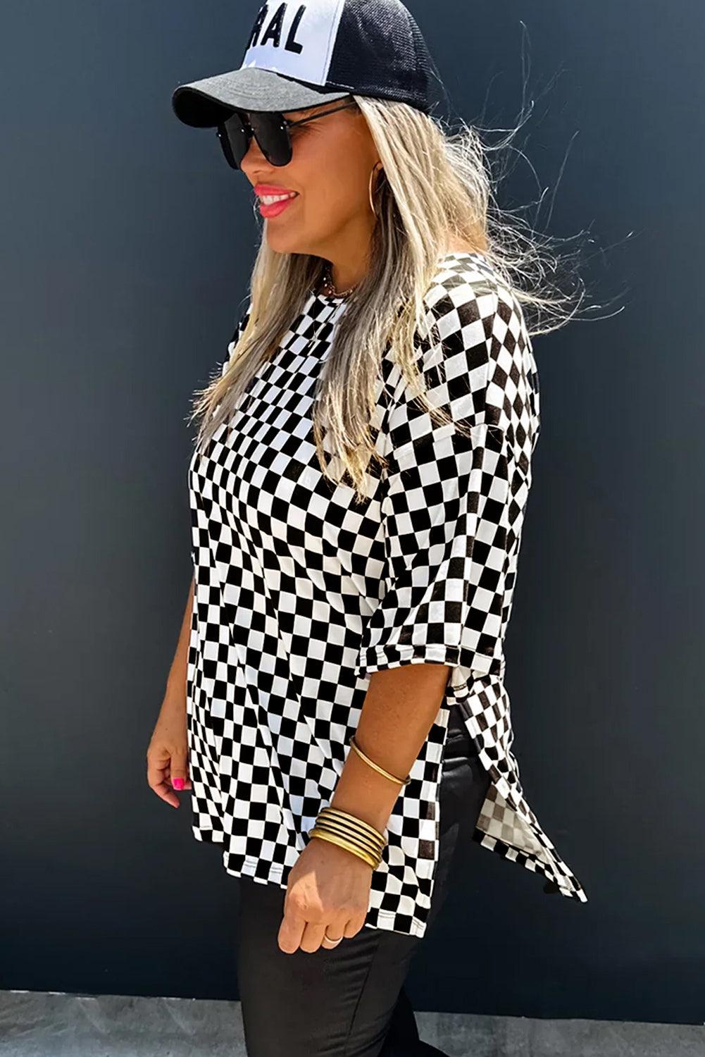 Black Checkered Print Side Slits O Neck Plus Size T Shirt - Toi ‘n’ Moi Ltd