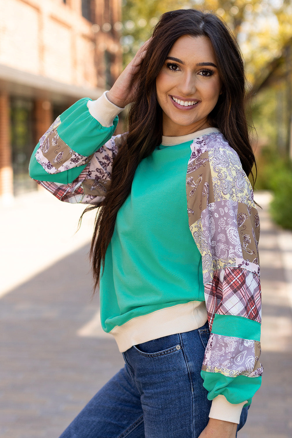 Aruba Blue Plaid Vintage Paisley Patchwork Long Sleeve Raglan Top - Toi ‘n’ Moi Ltd