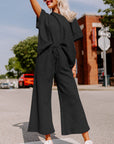 Black Textured Loose Fit T Shirt and Drawstring Pants Set - Toi ‘n’ Moi Ltd