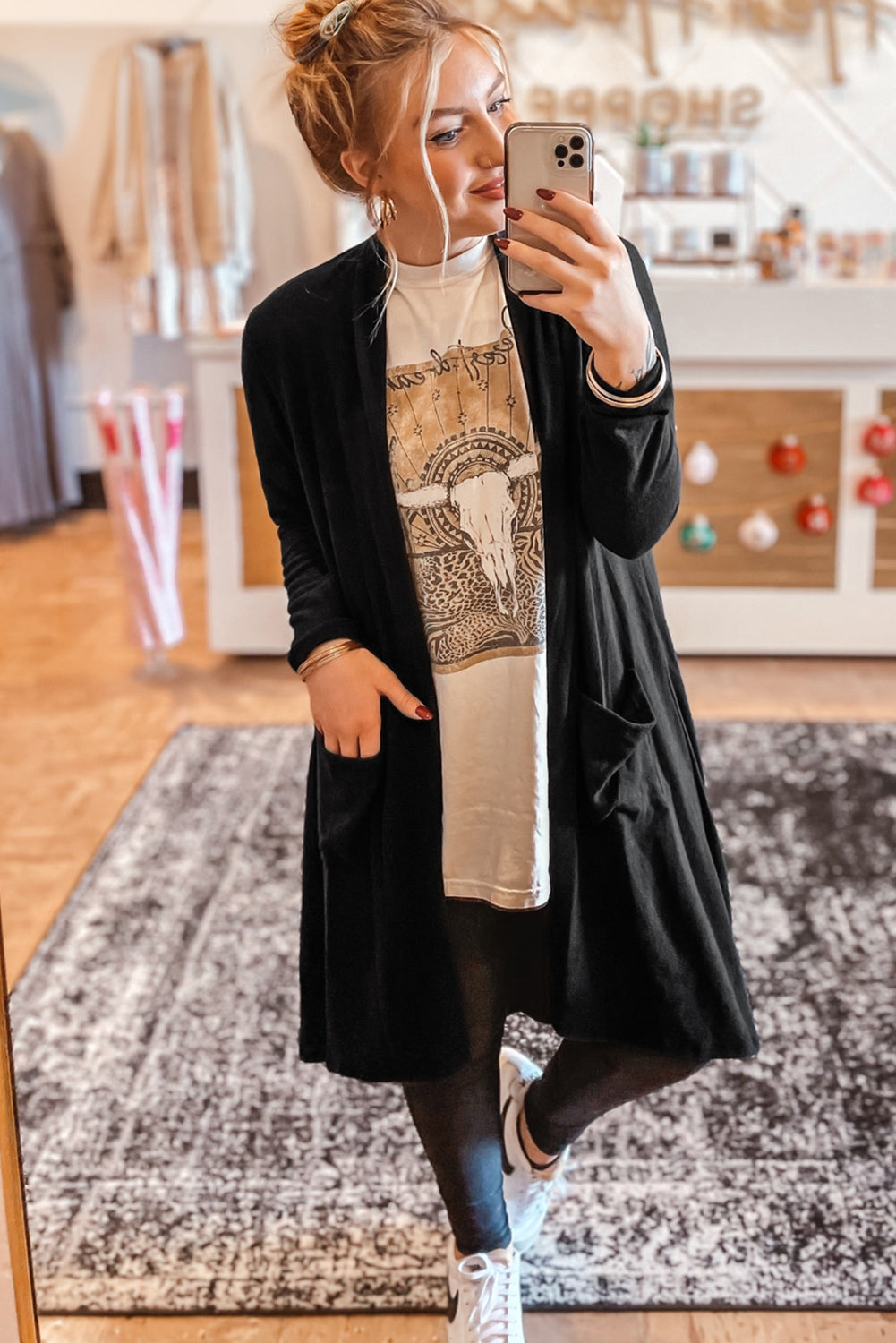 Black Solid Color Open Front Cardigan with Pocket - Toi ‘n’ Moi Ltd