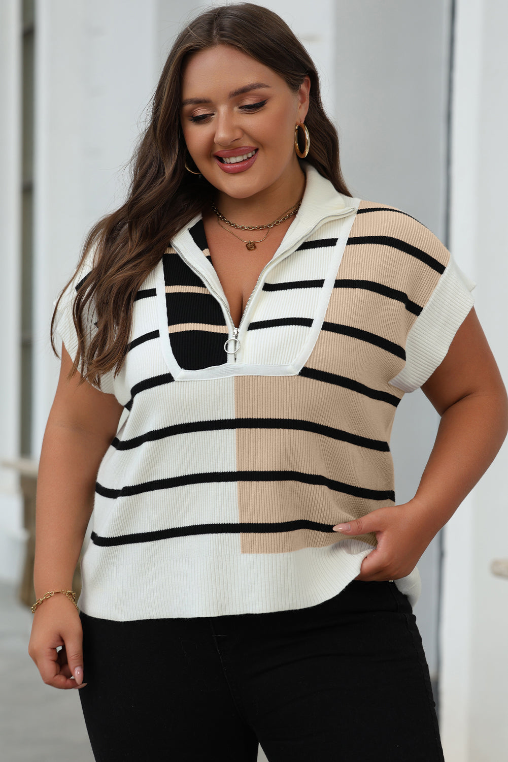 Black Stripe Colorblock Quarter Zip Collar Sweater Vest - Toi ‘n’ Moi Ltd