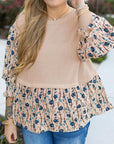 Beige Faux Two Piece Knit Patchwork Floral Print Plus Size Top - Toi ‘n’ Moi Ltd