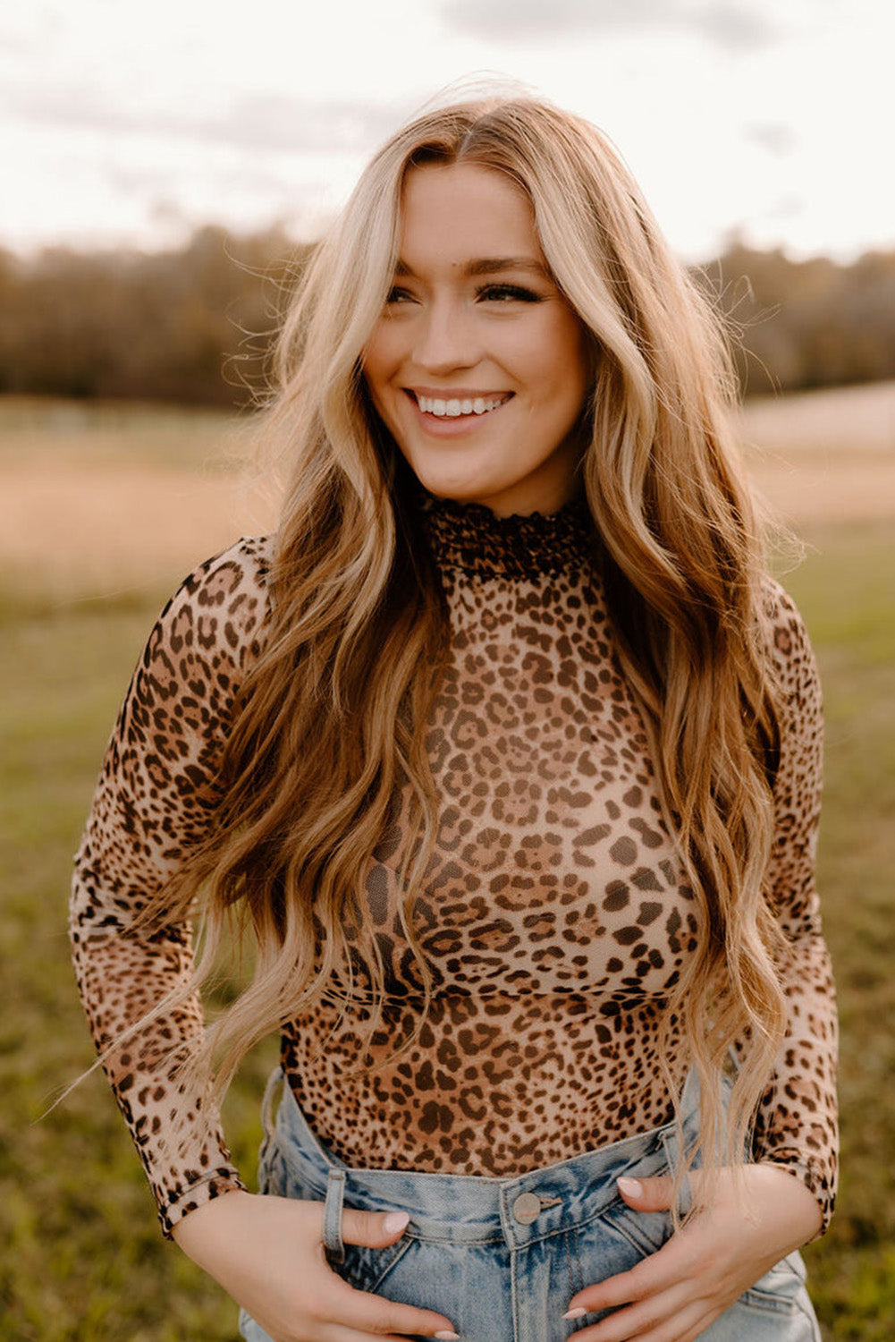 Brown Leopard Smocked Neck Mesh Long Sleeve Bodysuit - Toi ‘n’ Moi Ltd