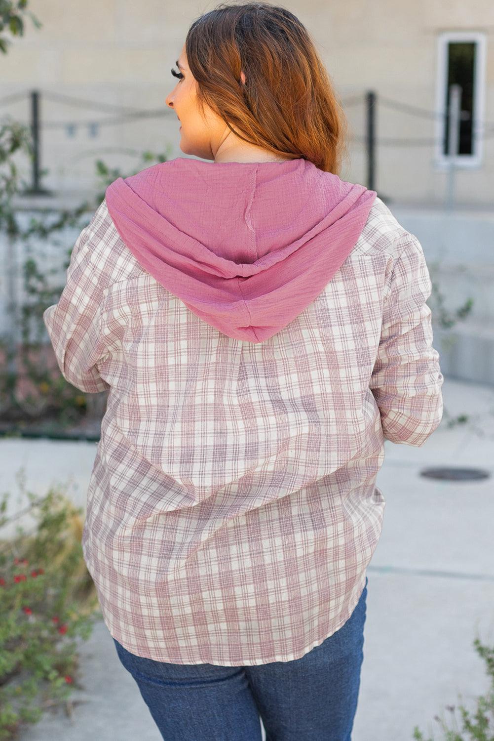 Bonbon Plaid Print Drawstring Hooded Button-up Plus Size Shirt - Toi ‘n’ Moi Ltd