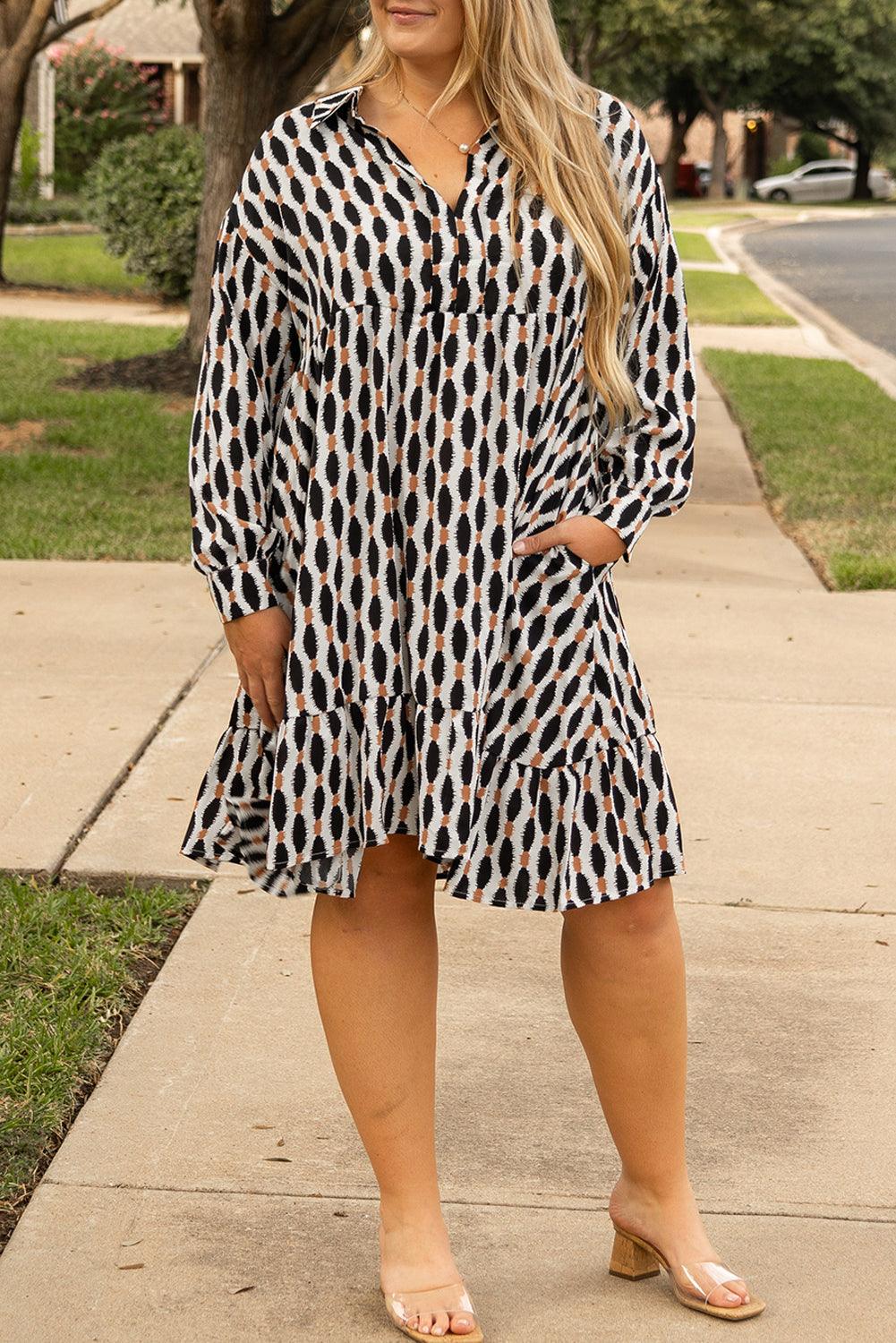 Apricot Geometric Print Collared V Neck Plus Size Mini Dress - Toi ‘n’ Moi Ltd