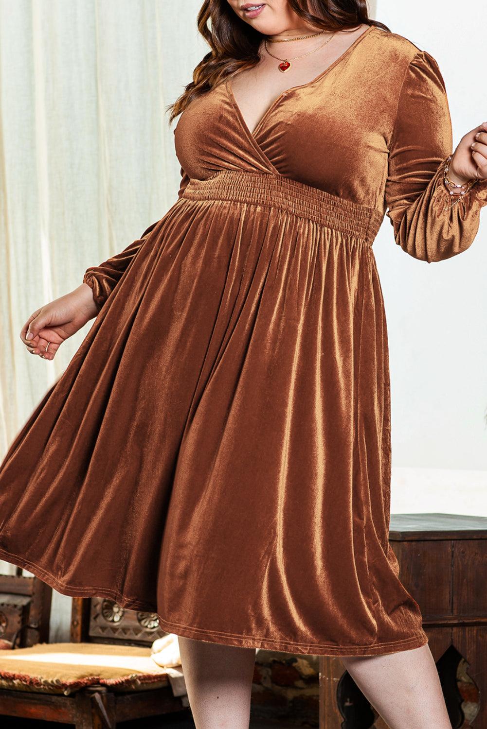 Camel Surplice V Neck Balloon Sleeve Velvet Dress - Toi ‘n’ Moi Ltd