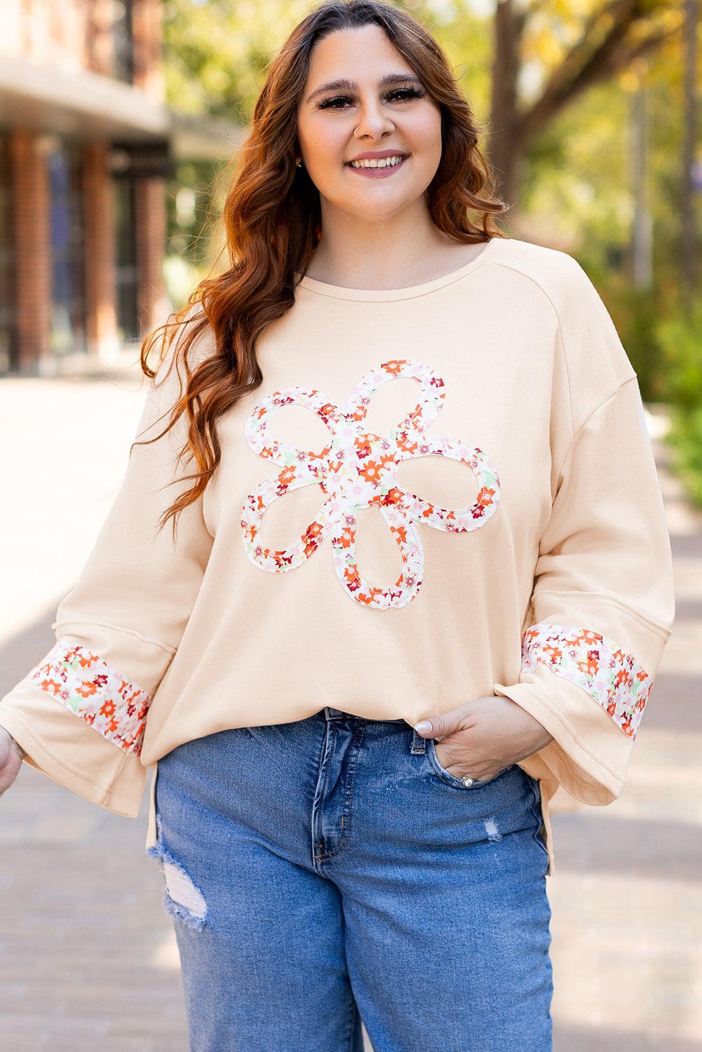 Beige Plus Size Flower Patched Side Slits Crewneck Top - Toi ‘n’ Moi Ltd