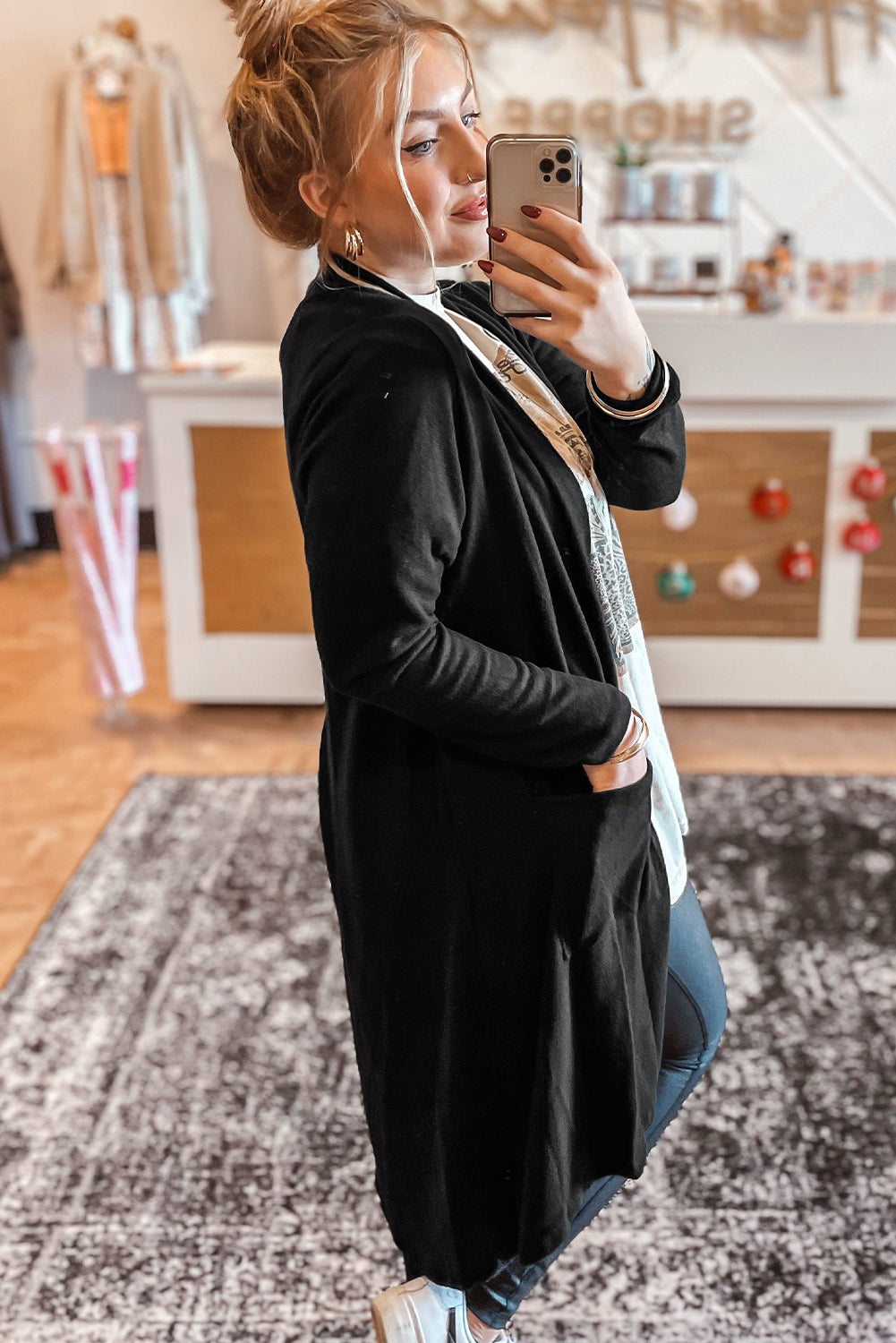 Black Solid Color Open Front Cardigan with Pocket - Toi ‘n’ Moi Ltd