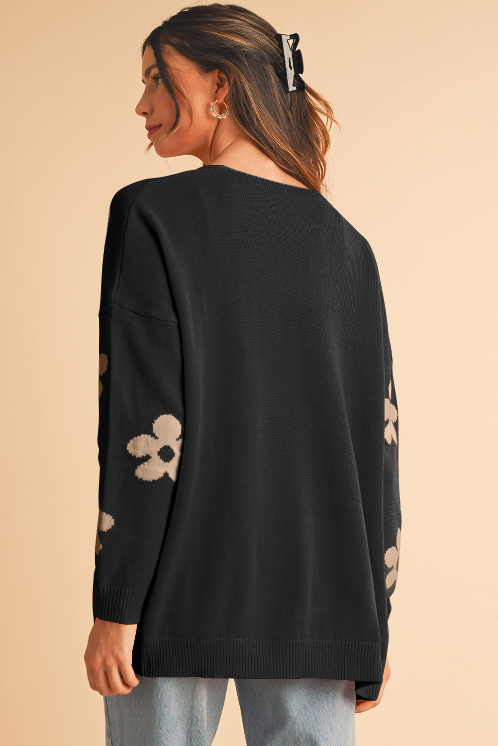Black 60s Vintage Flower Drop Shoulder Cardigan - Toi ‘n’ Moi Ltd