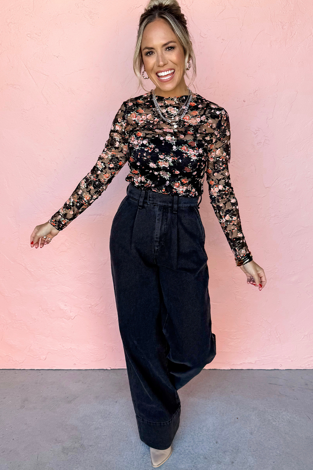 Black Floral Mesh Sheer Long Sleeve Top - Toi ‘n’ Moi Ltd