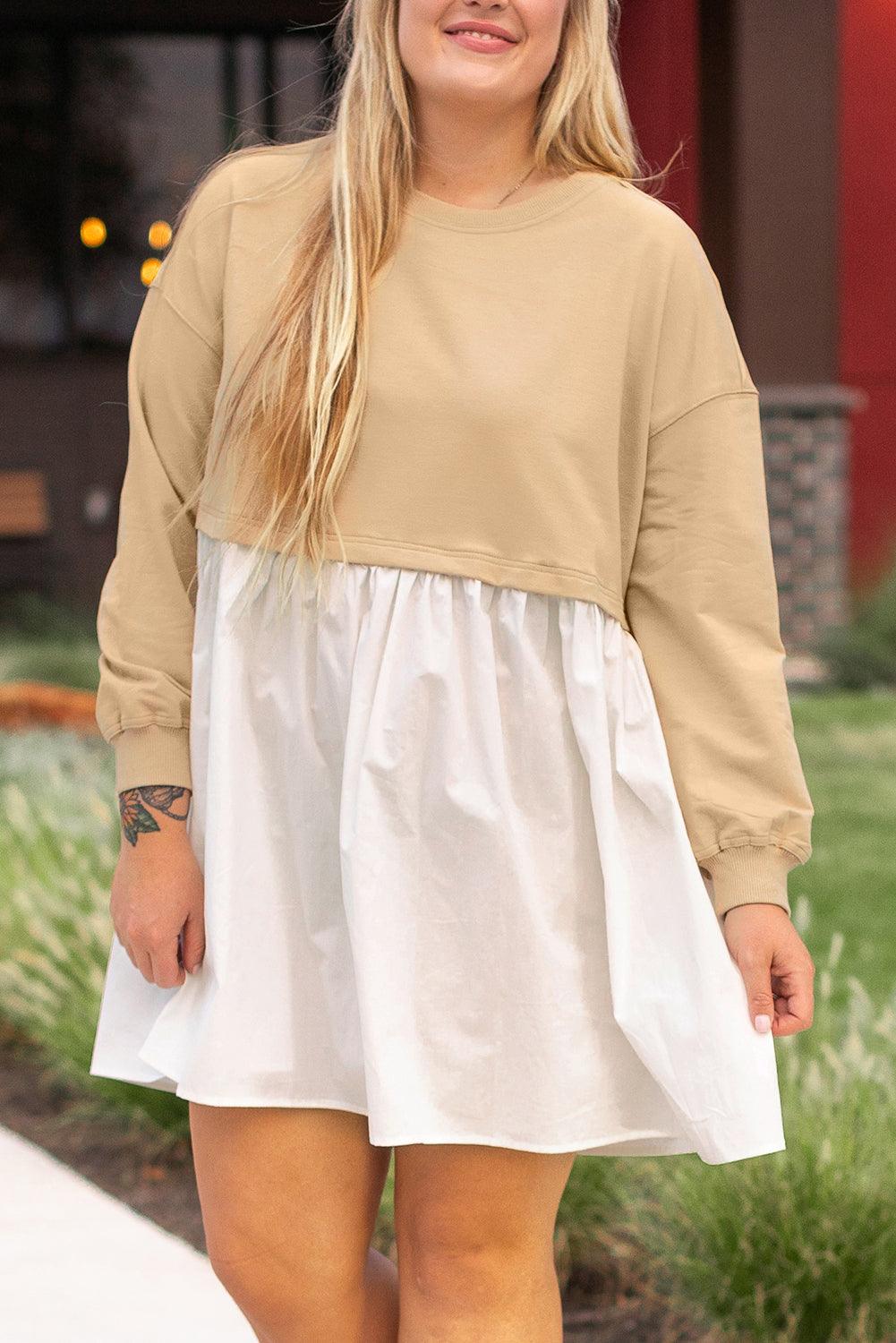 Apricot Color Block Patchwork Ruffled Plus Size Mini Dress - Toi ‘n’ Moi Ltd