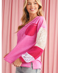 Bonbon Lace Floral Patchwork Sleeve Stitching V Neck Rib Top - Toi ‘n’ Moi Ltd