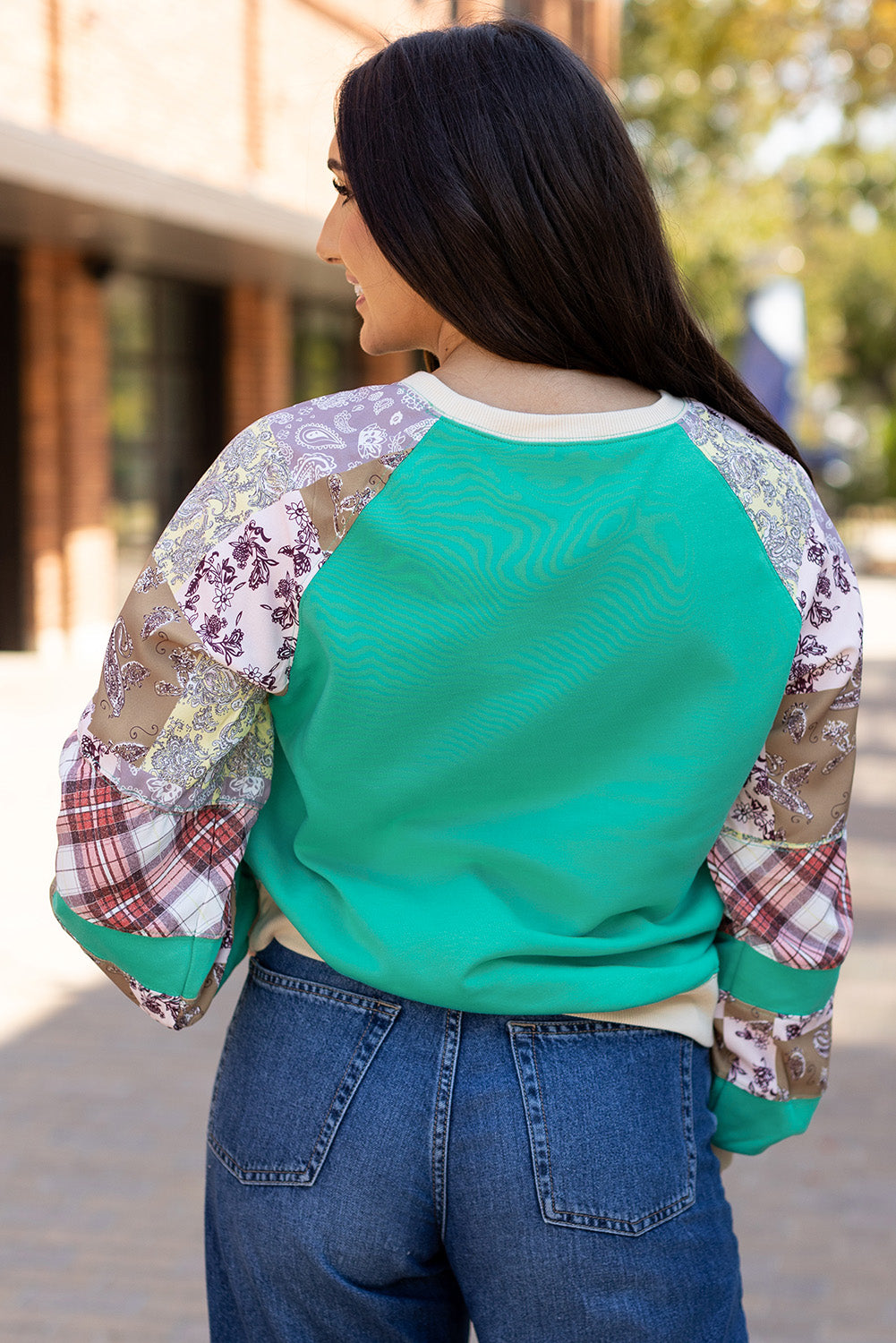 Aruba Blue Plaid Vintage Paisley Patchwork Long Sleeve Raglan Top - Toi ‘n’ Moi Ltd