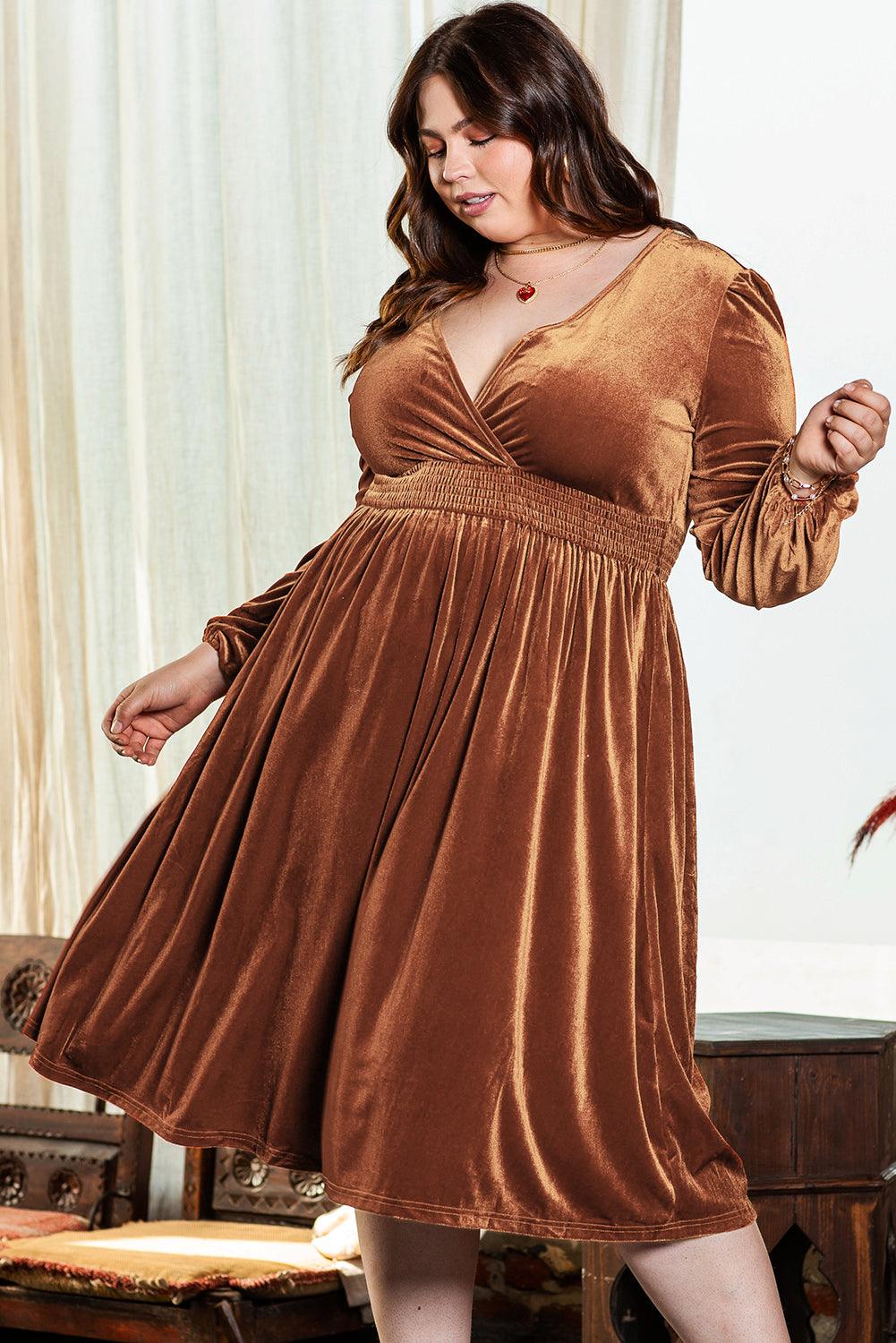 Camel Surplice V Neck Balloon Sleeve Velvet Dress - Toi ‘n’ Moi Ltd