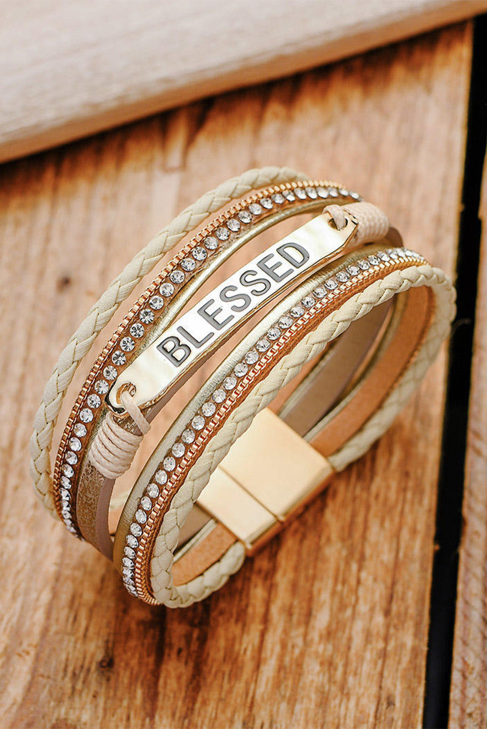 Beige BLESSED Rhinestone Braided Detail Buckle Bracelet - Toi ‘n’ Moi Ltd