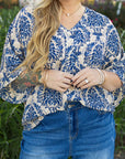 Blue Plus Size Ethnic Printed 3/4 Sleeve V Neck Loose Blouse - Toi ‘n’ Moi Ltd