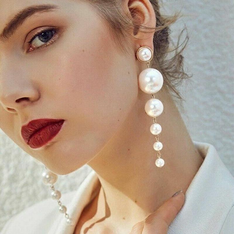 Trendy Elegant Big Simulated Pearl Long Wedding Party Statement Drop Earrings - Toi ‘n’ Moi Ltd