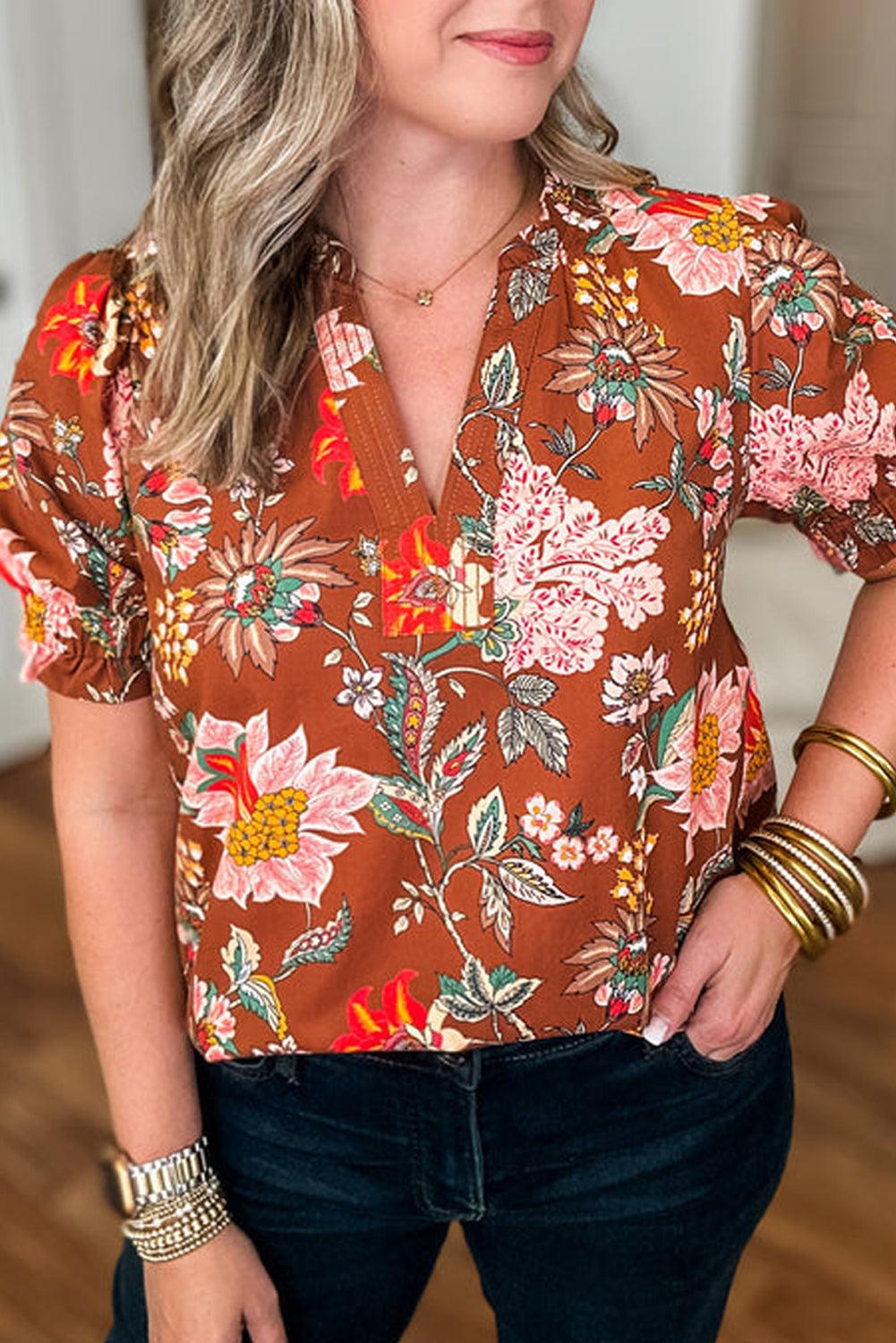 Brown Floral Stitched V Neck Frilled Trim Puff Short Sleeve Blouse - Toi ‘n’ Moi Ltd