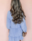 Beau Blue Puff Sleeve V Neck Tiered Ruffled Chambray Mini Dress - Toi ‘n’ Moi Ltd