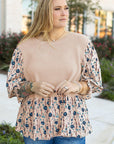 Beige Faux Two Piece Knit Patchwork Floral Print Plus Size Top - Toi ‘n’ Moi Ltd