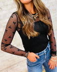 Black Bow Pattern Accent Mesh Long Sleeve Top - Toi ‘n’ Moi Ltd